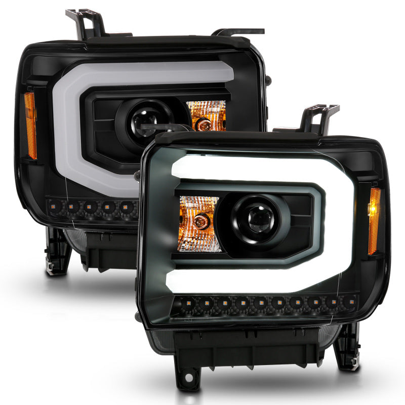 ANZO 2014-2015 GMC Sierra 1500 Projector Headlights with Light Bar, Black Housing - Pair