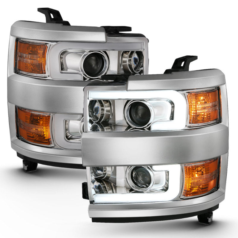 ANZO 2015-2016 Chevrolet Silverado Projector Headlights with Plank Style Design in Chrome and Amber
