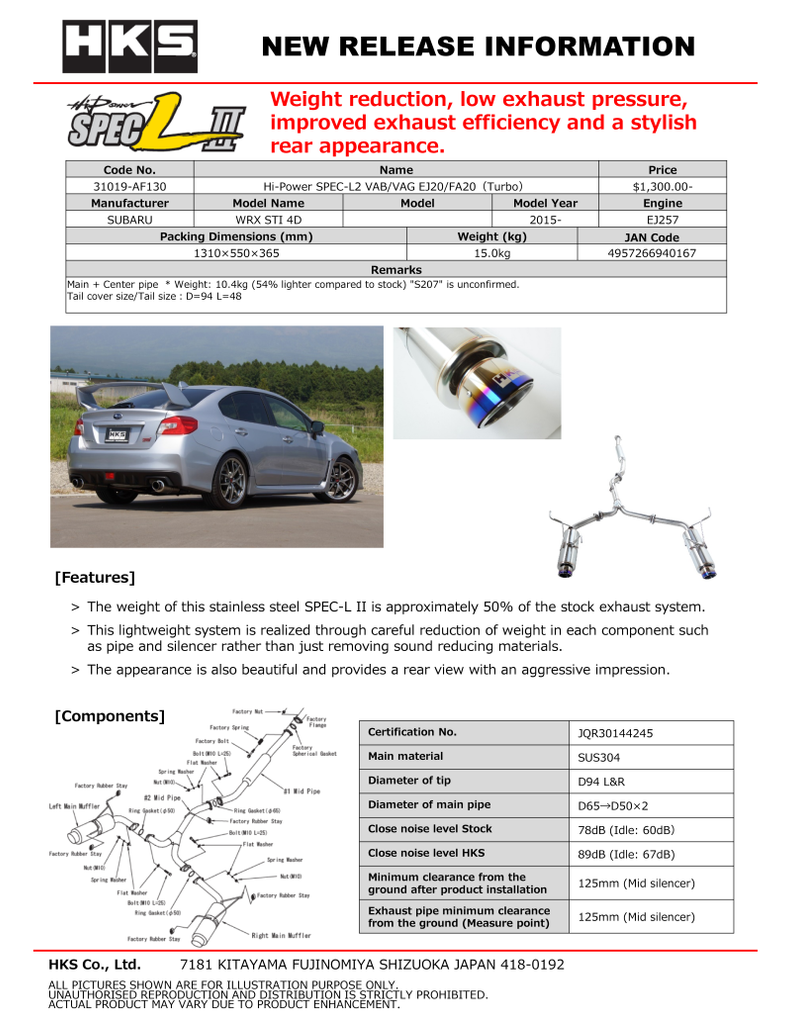 HKS Hi-Power SPEC-L2 VAB Exhaust System for EJ20 Engines - Part #HKS31019-AF130