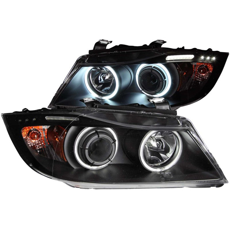 ANZO 2006-2008 BMW 3 Series E90-E91 Projector Headlights with Halo and LED Bar, Black Housing