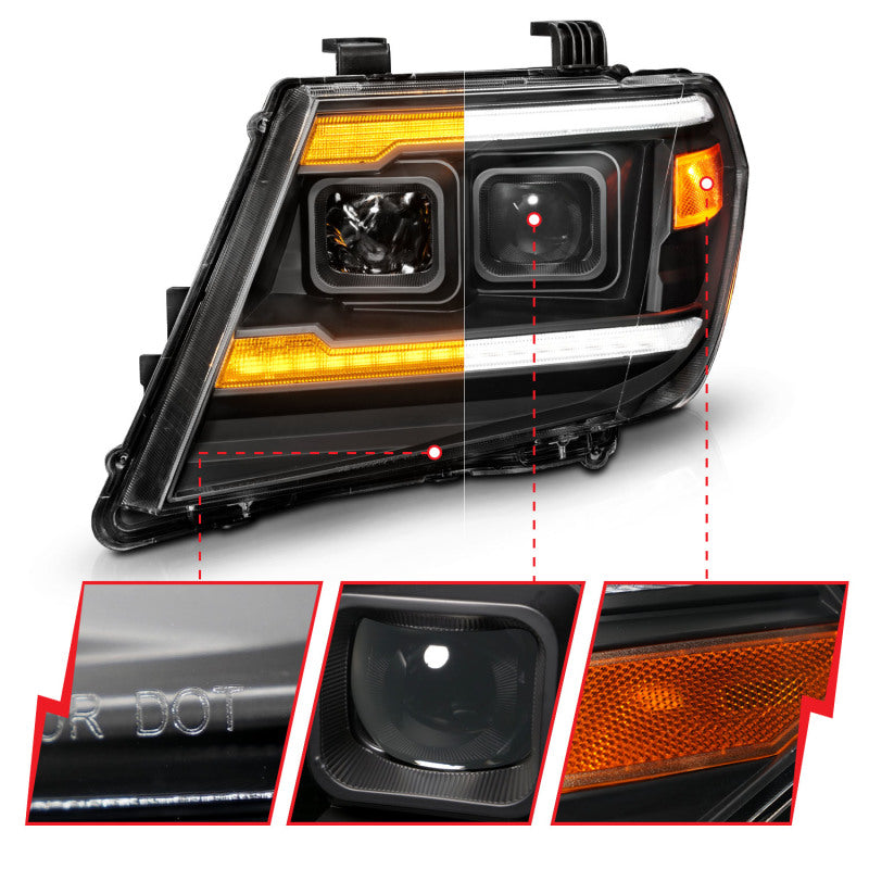ANZO 09-20 Nissan Frontier Black Projector Headlights with Sequential LED DRL and Light Bar Switchback
