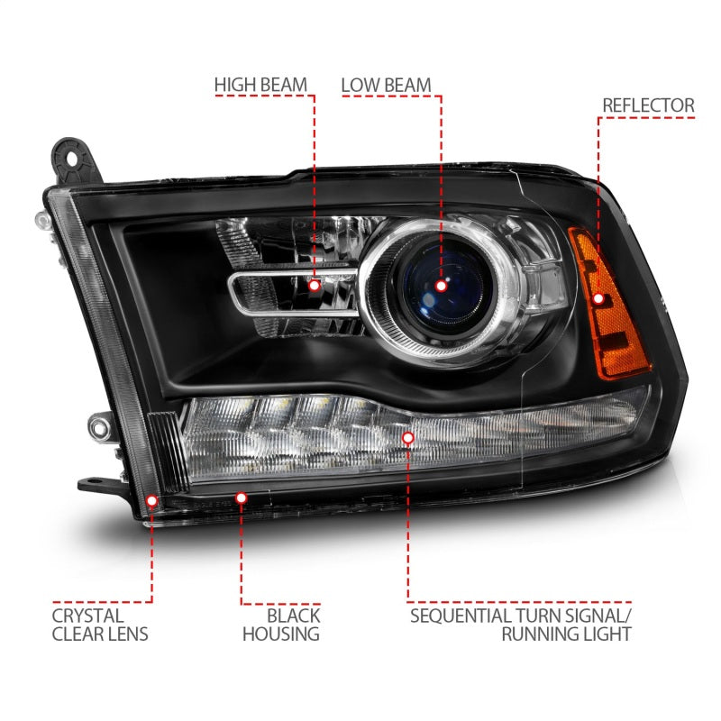 ANZO 09-18 Dodge Ram 1500/2500/3500 LED Plank Style Headlights with Switchback and Sequential Lighting - Matte Black Housing