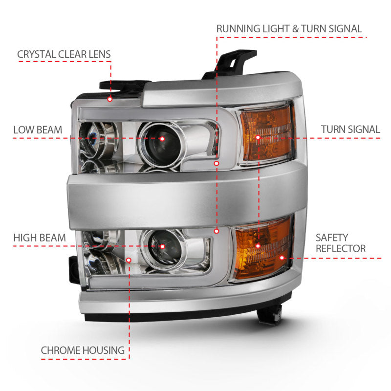 ANZO 2015-2016 Chevrolet Silverado Projector Headlights with Plank Style Design in Chrome and Amber