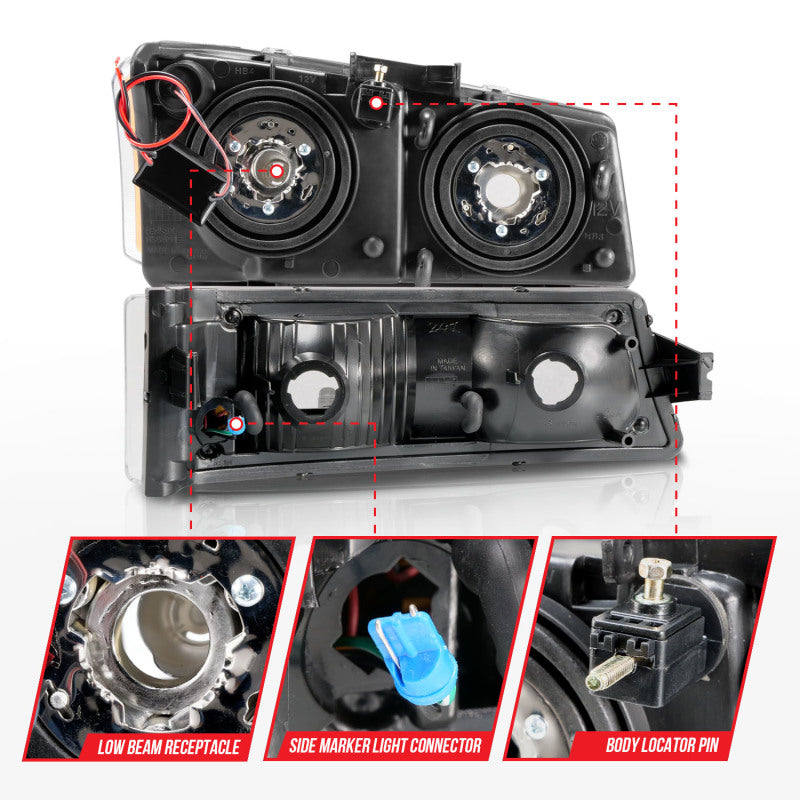 ANZO 2003-2006 Chevrolet Silverado 1500 Crystal Headlights with Light Bar, Black Housing and Clear Lens