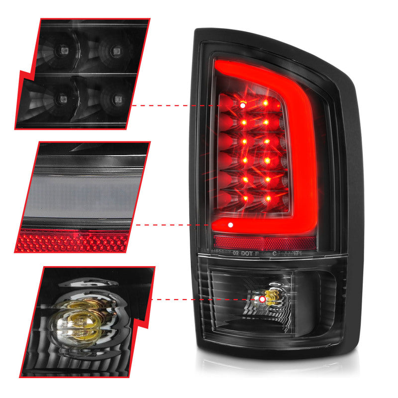 ANZO 2002-2006 Dodge Ram 1500 LED Tail Light Pair with Light Bar, Black Housing & Clear Lens