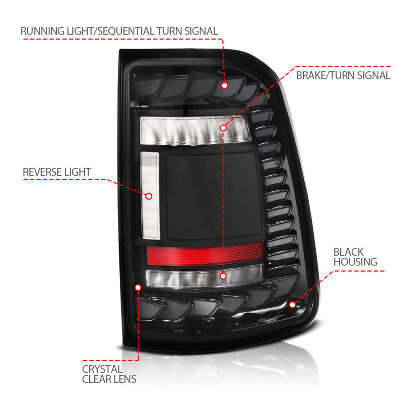 ANZO Full LED Tail Lights for 2019-2024 RAM 1500 Factory LED Models - SeqSig Black Pair