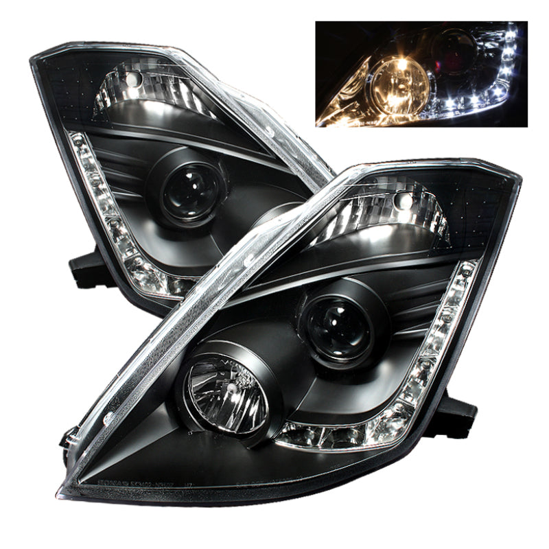 Spyder Nissan 350Z 2003-2005 Projector Headlights with DRL, Halogen Model, Black - Part Number PRO-YD-N350Z02-DRL-BK