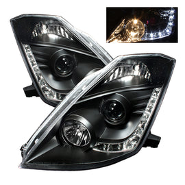 Spyder Nissan 350Z 2003-2005 Projector Headlights with DRL, Halogen Model, Black - Part Number PRO-YD-N350Z02-DRL-BK