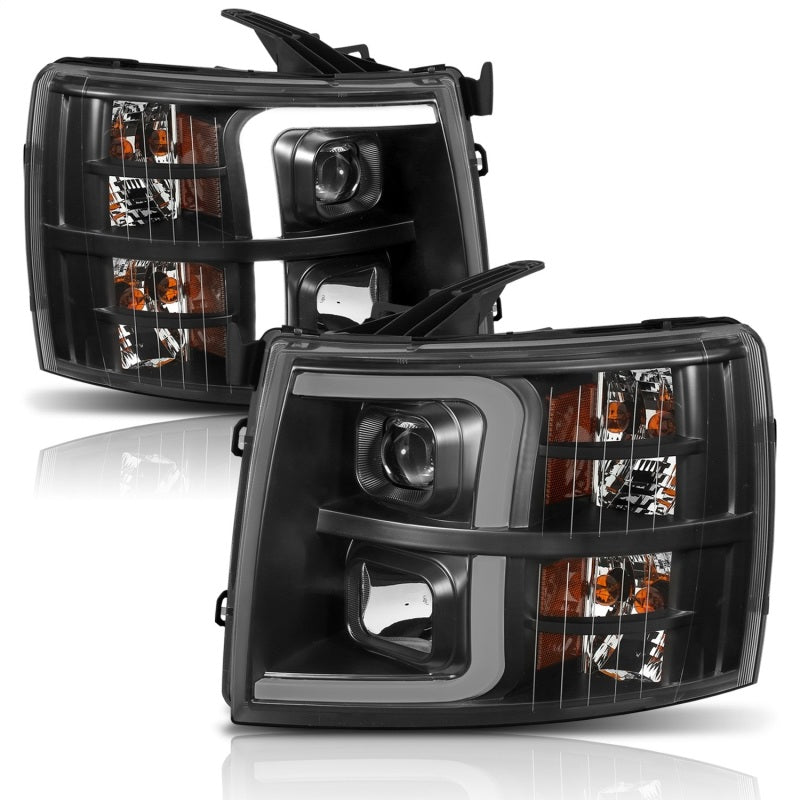 ANZO 07-13 Chevrolet Silverado Plank Style Projector Headlights with Amber Accents, Black Pair – Part Number anz111410