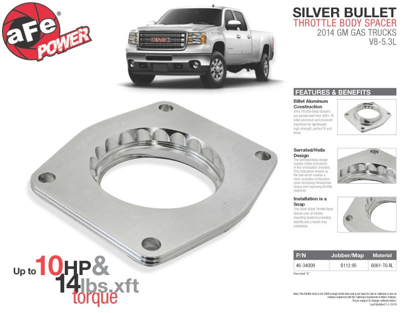 aFe Silver Bullet Throttle Body Spacer Kit for GM Silverado/Sierra 1500 V8 5.3L (2014-2015)