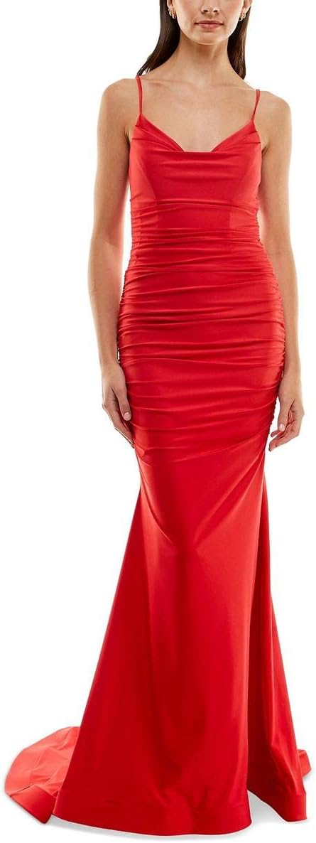 B. Darlin Women's Juniors Satin Ruched Evening Dress Red 3/4