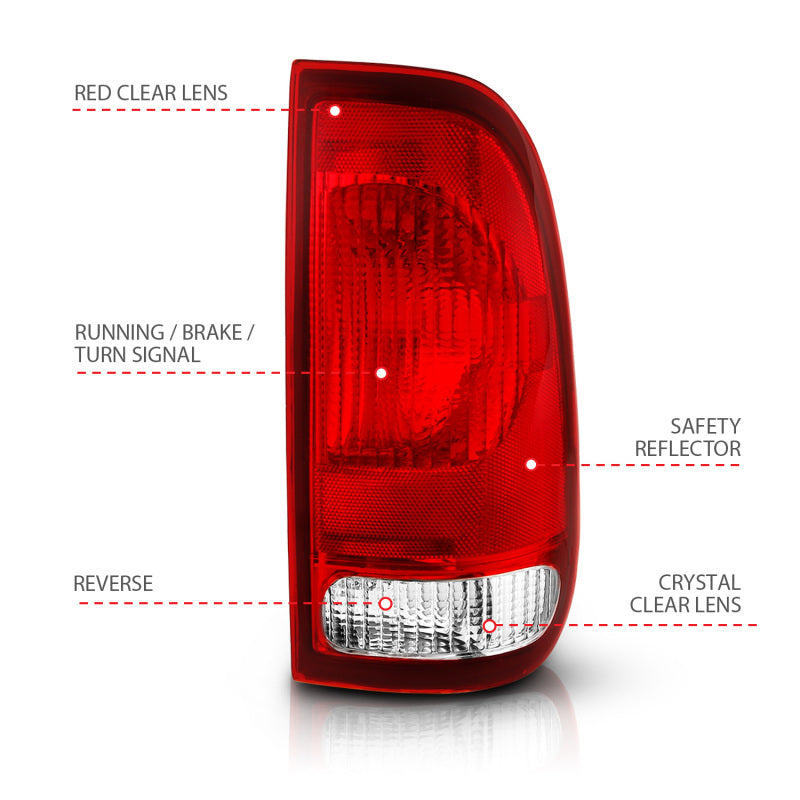 ANZO 377010 Tail Light Assembly for Ford F-150 and F-250 - Chrome Housing Red/Clear Lens – OE Replacement