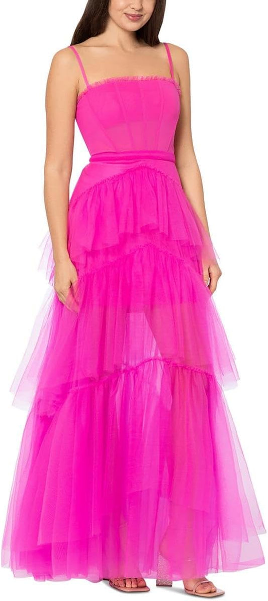 Betsy & Adam Women's Long Mesh Corset Gown, Hot Pink