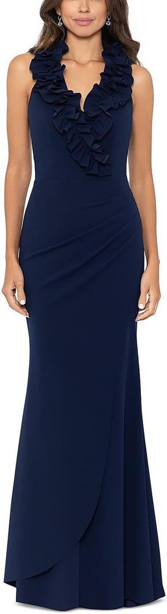 Xscape Long Scuba Crepe V-Neck Ruffle Navy 4