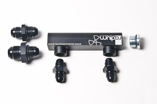Radium Engineering Universal 4-Port Manifold - Black with Logo