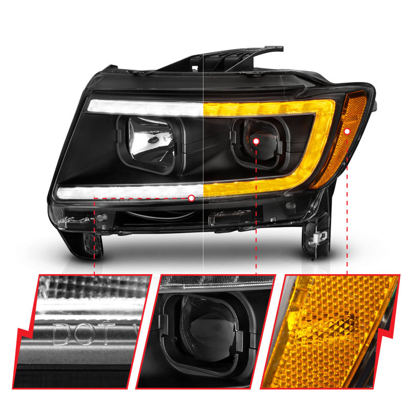 ANZO 11-13 Jeep Grand Cherokee Projector Headlights with Light Bar Switchback, Black Housing