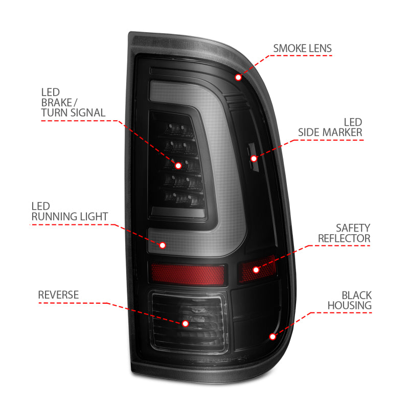 ANZO 2008-2016 Ford F-250 LED Tail Light Assembly with Light Bar, Black Housing and Smoke Lens