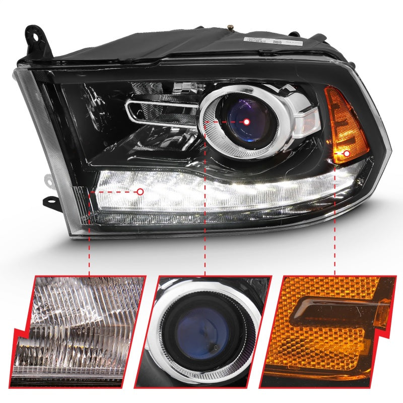 ANZO 2009-2018 Dodge Ram Projector Headlights with Halo and Switchback - Black Amber Housing, OE Style Pair