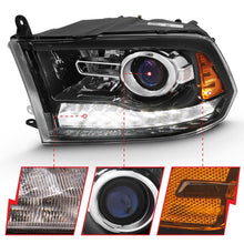 Load image into Gallery viewer, ANZO 2009-2018 Dodge Ram Projector Headlights with Halo and Switchback - Black Amber Housing, OE Style Pair