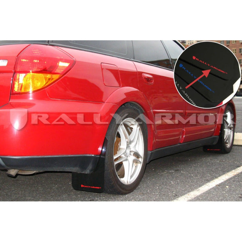 Rally Armor UR Series Mud Flaps for Subaru Legacy - Black with Red Logo, Part Number RALMF4-UR-BLK/RD