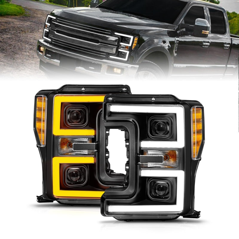 ANZO 17-19 Ford F-250/350/450 Super Duty LED Projector Headlights with Light Bar, Switchback, Black Housing, Clear Lens - Pair