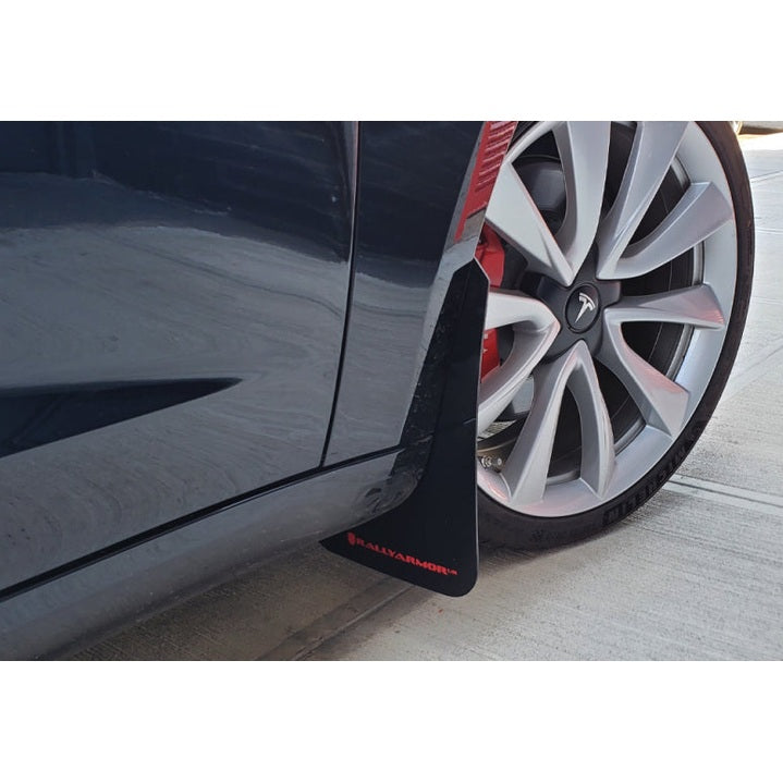 Rally Armor 17-23 Tesla Model 3 UR Mud Flaps with White Logo - Durable Polyurethane Protection