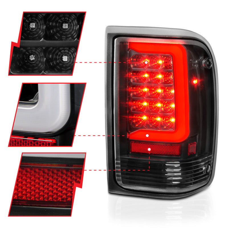 ANZO 1993-1997 Ford Ranger LED Tail Light Assembly with Light Bar, Black Housing & Clear Lens