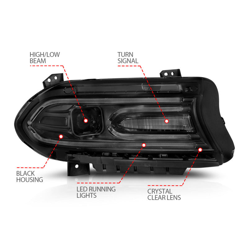 ANZO 2015-2018 Dodge Charger Projector Headlights Plank Style Black - Enhanced Lighting and Style