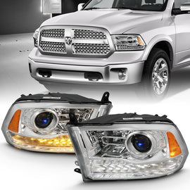 ANZO 2009-2018 Dodge Ram 1500 Projector Headlight Set with Halo and Plank Style Switchback - Chrome Housing, Clear Lens, Pair