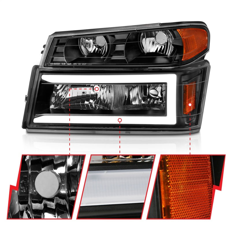 ANZO 04-12 GM Colorado/Canyon/i-Series Crystal Headlights with Light Bar - Black Housing, 4-Piece Set