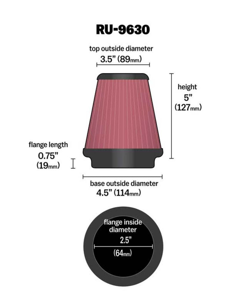 K&N Engineering Universal Tapered Air Filter with 2.5-inch Flange for Honda Fit (Part Number: knnRU-9630)