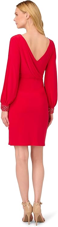 Adrianna Papell Women's Plus Size Bead Cuff Jersey Short Dress, Hot Ruby