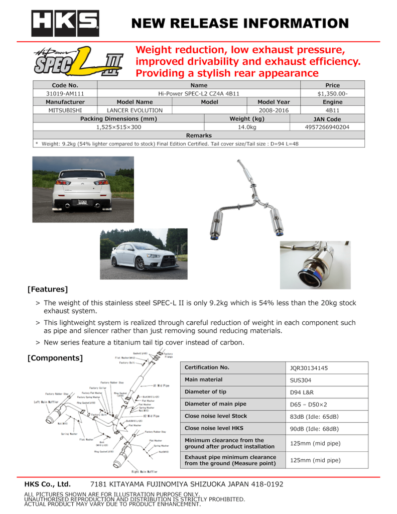 HKS Hi-Power SPEC-L2 Exhaust System for Mitsubishi CZ4A 4B11 - Performance Upgrade