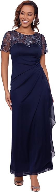 Xscape Women's Long Beaded Sequin Illusion Neckline Jersey Dress (Reg and Petite), Navy, 16