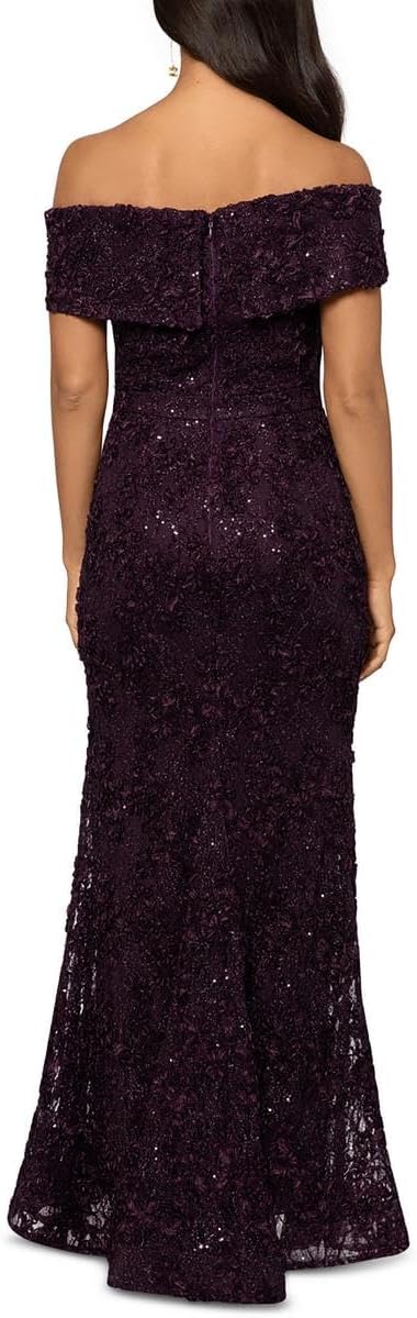 Xscape Long Off-The-Shoulder Lace Dress Mulberry 16