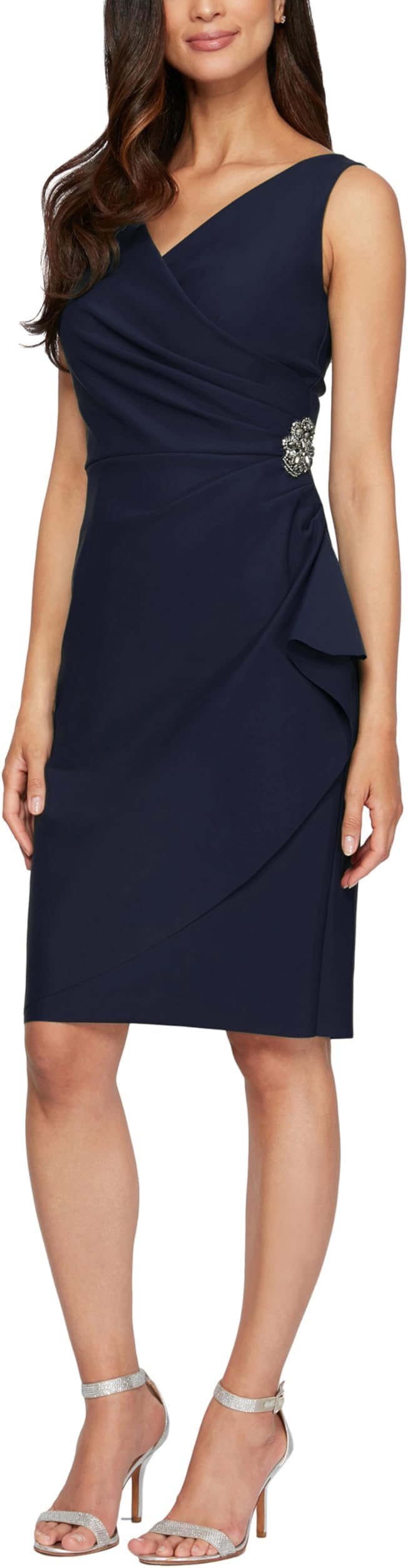 Alex Evenings Women's Short Side Ruched Dress with Cascade Ruffle Skirt, Navy