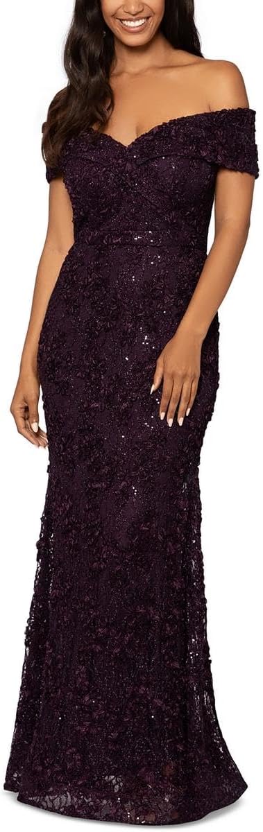 Xscape Long Off-The-Shoulder Lace Dress Mulberry 16