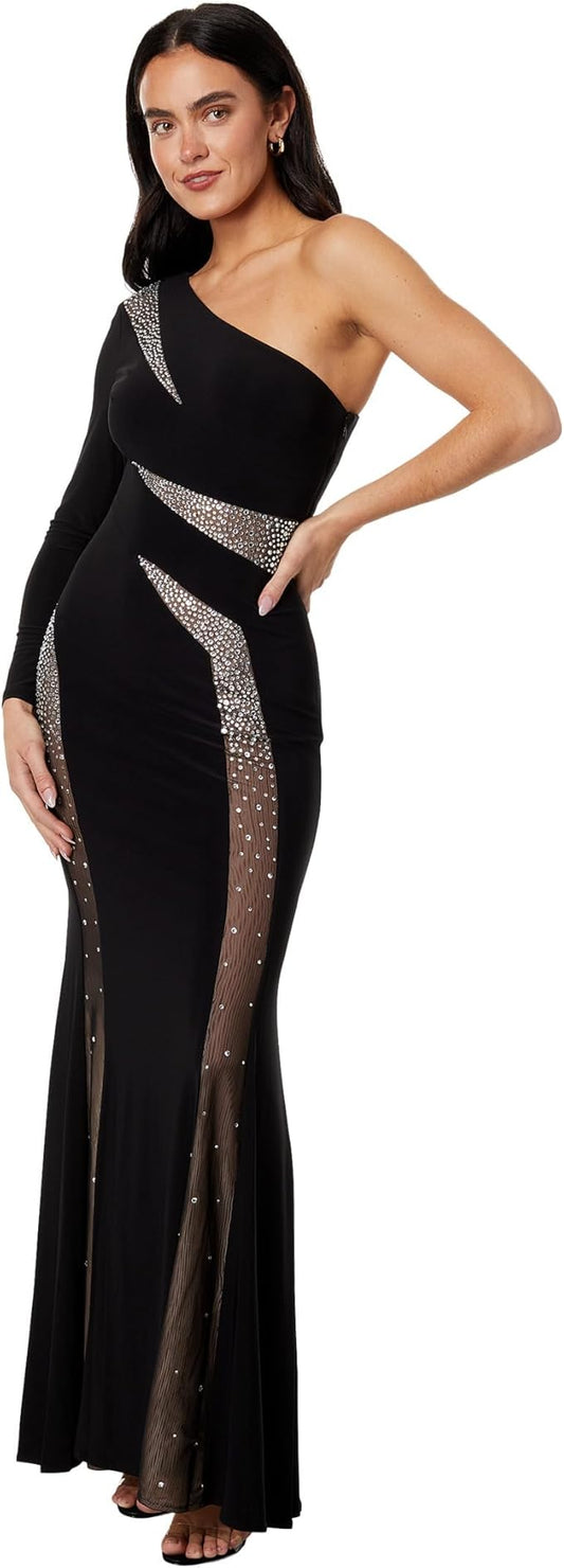 Betsy & Adam Long One-Shoulder Heat Stone Cutout Black/Silver 8