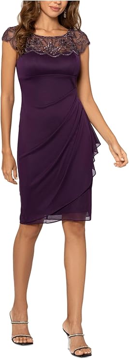 Xscape Women's Beaded Knee-Length Cocktail and Party Dress, Purple, 10