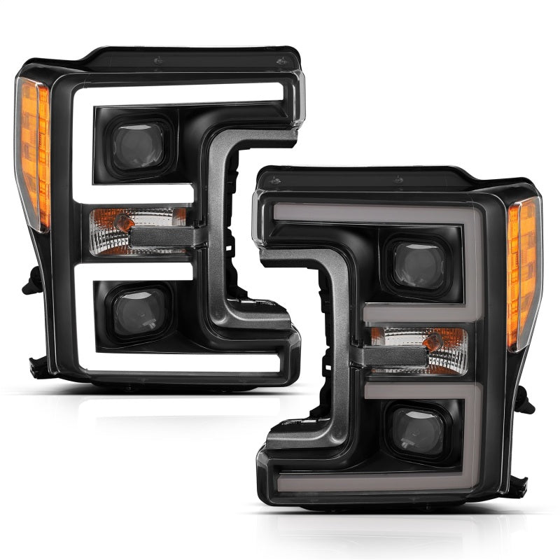ANZO LED Headlights for 2017-2018 Ford F-250 and F-350 Super Duty – Black Plank-Style with Amber Switchback, Pair