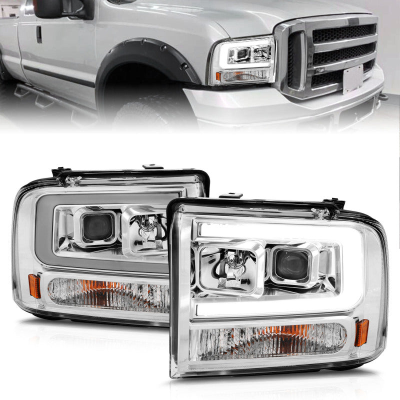 ANZO Headlights for 2006-2007 Ford F-250 Super Duty with Light Bar, Chrome Housing, Clear Lens - Pair