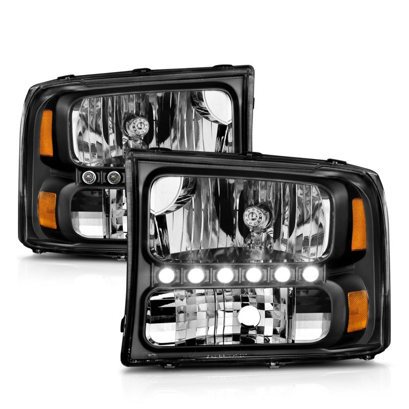 ANZO 2000-2004 Ford Excursion Crystal Headlights with Black Housing and LED Strip