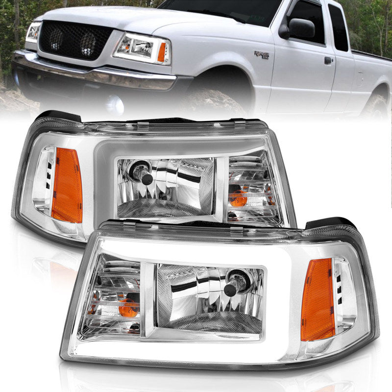 ANZO 2001-2011 Ford Ranger Crystal Headlights with Light Bar, Chrome Housing and Clear Lenses