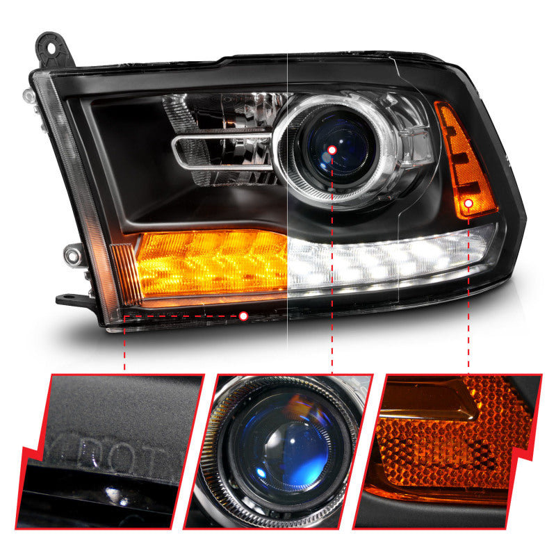 ANZO 09-18 Dodge Ram 1500/2500/3500 LED Plank Style Headlights with Switchback and Sequential Lighting - Matte Black Housing