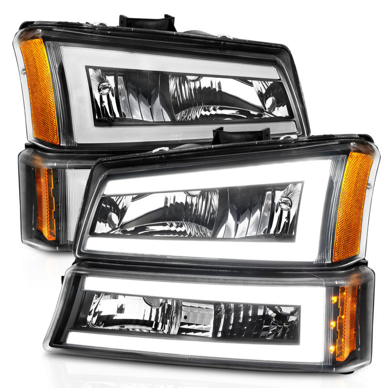 ANZO 2003-2006 Chevrolet Silverado 1500 Crystal Headlights with Light Bar, Black Housing and Clear Lens