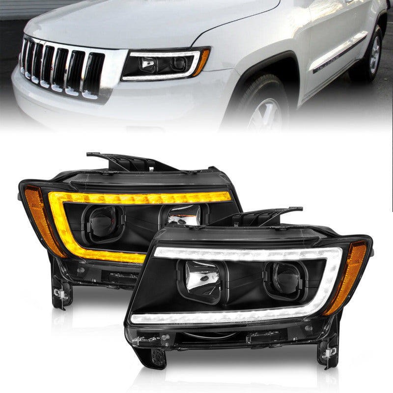 ANZO 11-13 Jeep Grand Cherokee Projector Headlights with Light Bar Switchback, Black Housing