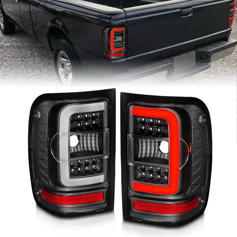 ANZO 2001-2011 Ford Ranger LED Tail Lights with Light Bar, Black Housing, Clear Lens