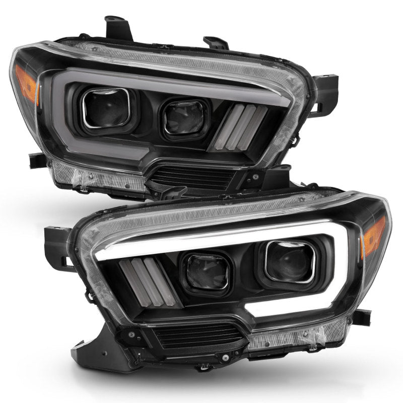 ANZO 2016-2017 Toyota Tacoma Projector Headlights with Plank Style Switchback in Black and Amber with DRL