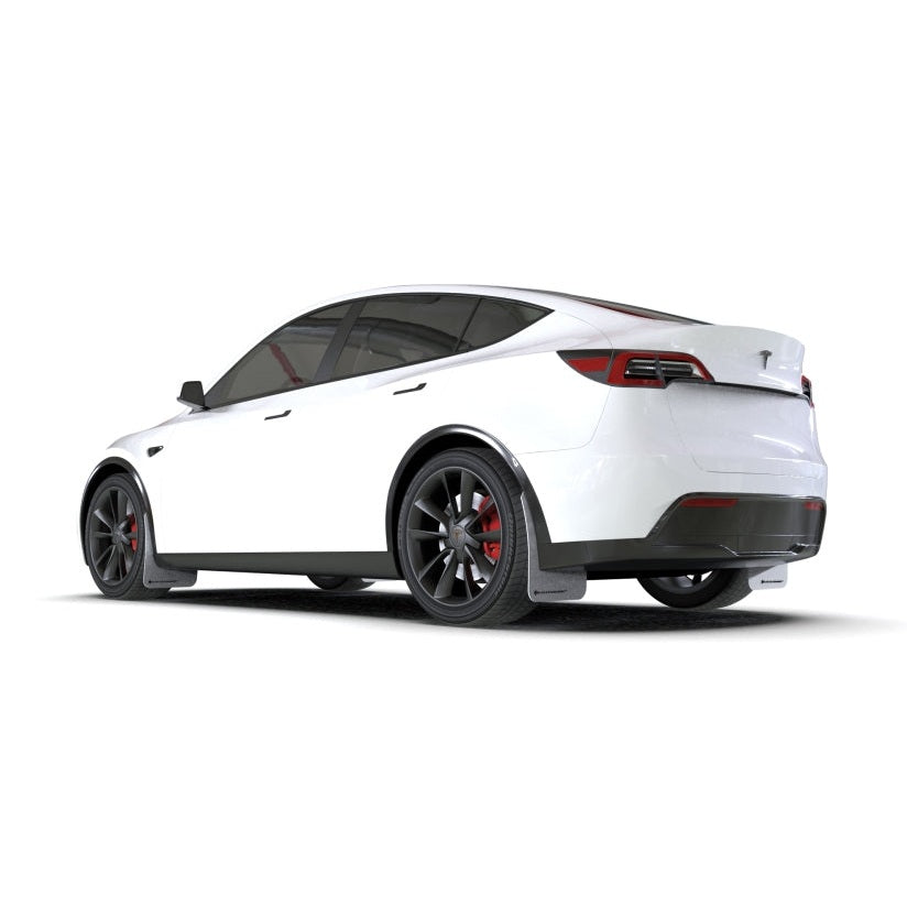 Rally Armor UR Series Mud Flaps for Tesla Model Y – Juniper Y White with Black Logo, Part Number RALMF72-UR-WH/BLK