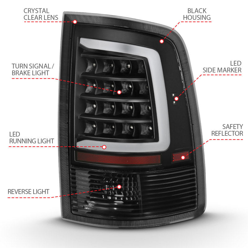 ANZO LED Tail Light Assembly for Dodge Ram 1500 and 2500 - Clear Lens, Black Housing - Pair